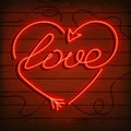 Neon word love. A bright red sign on a wooden wall. Element of design for a happy Valentine s day. Vector illustration. Royalty Free Stock Photo