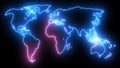 Neon World Map Outline. Futuristic animation, creative glowing lights outline of planet Earth