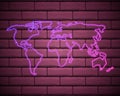 Neon world map. Vector illustration . Neon World Map isolated on brickwall background