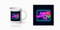 Neon world womens day sign with rose print for cup design. Happy woman day greeting design in neon style and mug mockup Royalty Free Stock Photo