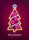 Neon Xmas and happy New Year signboard. Vector illustration with glowing christmas tree. Royalty Free Stock Photo