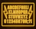 Neon yellow font. Bright capital letters with numbers on a dark background Royalty Free Stock Photo