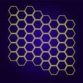 neon yellow honeycomb. isolated many hexagons geometric pattern glowing in the dark of yellow lines on a dark blue
