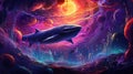 A neon yellow space whale swimming through a swirling neon purple space ocean by AI generated