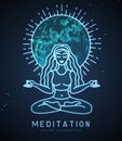 Neon Young Woman meditation in lotus position with full moon. Moon astrology sign. Royalty Free Stock Photo