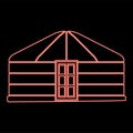 Neon yurt of nomads Portable frame dwelling with door Mongolian tent covering building red color vector illustration image flat