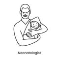 Neonatologist icon line in vector, illustration of a man pediatrician holding a baby.