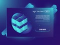 Neone isometric cube, server services page concept, database, futuristic data center Isometric neon cube ultraviolet Royalty Free Stock Photo