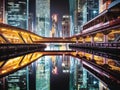 Neonlit city skyline with sleek monorail