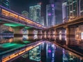 Neonlit city skyline with sleek monorail