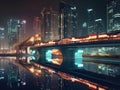 Neonlit city skyline with sleek monorail