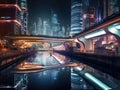 Neonlit city skyline with sleek monorail