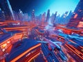 Neonlit futuristic city with ARVR billboards