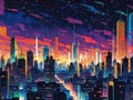 Neonlit futuristic city with starry skyline