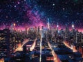 Neonlit futuristic city with starry skyline