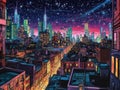 Neonlit futuristic city with starry skyline