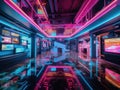 Neonlit futuristic mall with floating walkways