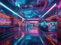 Neonlit futuristic mall with floating walkways