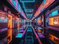 Neonlit futuristic mall with floating walkways