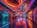 Neonlit futuristic shopping mall with colorful storefronts