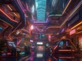 Neonlit futuristic shopping mall with colorful storefronts