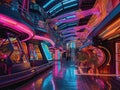 Neonlit futuristic shopping mall with colorful storefronts