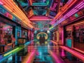 Neonlit futuristic shopping mall with colorful storefronts