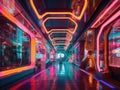 Neonlit futuristic shopping mall with colorful storefronts