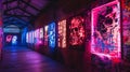 A neonlit installation on a brick wall features a combination of graffiti stencils and wheatpaste posters creating a Royalty Free Stock Photo