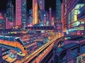 Neonlit monorail in futuristic city with skyscrapers