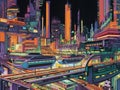 Neonlit monorail in futuristic city with skyscrapers