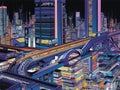 Neonlit monorail in futuristic city with skyscrapers