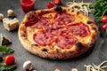 Neapolitan fresh baked ham pizza on grey