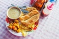 Nepal breakfast set, soup, omelet, bread, potato fried on tabel