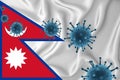 Nepal flag. Blue viral cells, pandemic influenza virus epidemic infection, coronavirus, infection concept. 3d-rendering