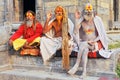 Nepal, Kathmandu. Sadhu holy men in front of Pashupatinath temple