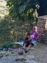 NEPAL, November, 2018: Annapurna Base Camp hiking trek, Himalayas, Nepal. November, 2018. Local children observe tourists Royalty Free Stock Photo