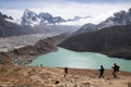 Nepal Tourist Hikking at gokyo ri mountain peak near gokyo lake during Everest base camp trekking in nepal