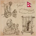 Nepal - Pictures of life. Travel. Vector collection. Hand drawings.