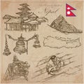 Nepal - Pictures of life. Travel. Vector collection. Hand drawings.