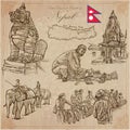 Nepal - Pictures of life. Travel. Vector collection. Hand drawings.