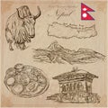 Nepal - Pictures of life. Travel. Vector collection. Hand drawings.