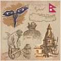 Nepal - Pictures of life. Travel. Vector collection. Hand drawings.