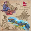 Nepal - Pictures of life. Travel. Vector collection. Hand drawings.