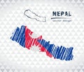 Nepal Vector Map With Flag Inside Isolated On A White Background. Sketch Chalk Hand Drawn Illustration