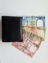 Nepalese banknotes of different denominations and black leather wallet Royalty Free Stock Photo