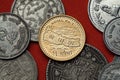 Nepalese coins. Map of Nepal and the Himalayas Royalty Free Stock Photo