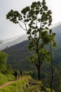 Nepalese Family Hiking Mountain Trail Village Sunset.Young Group People Climbing Track Traveler Beautiful End Noth Asia