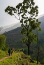 Nepalese Family Hiking Mountain Trail Village Sunset.Young Group People Climbing Track Traveler Beautiful End Noth Asia