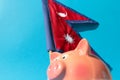 The Nepalese flag and a piggy bank are a symbol of profitable investments or economical purchases. Royalty Free Stock Photo